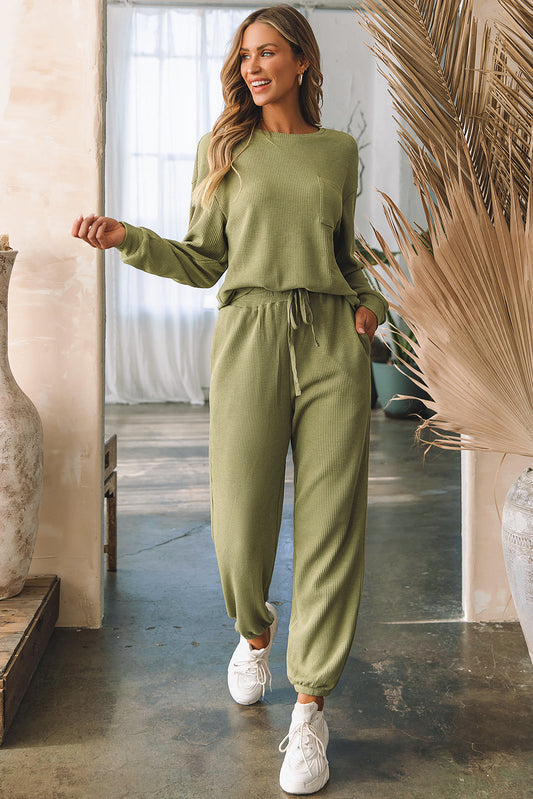 Laurel Green Waffle Knit Long Sleeve Drawstring Top Jogging Set