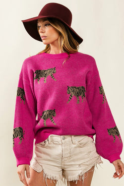 Red Rose Fierce Animal Pattern Casual Knitted Sweater