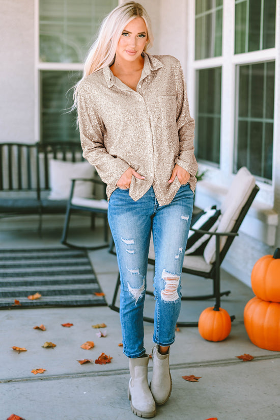 Buttoned shirt with bust pocket and apricot sequins collar