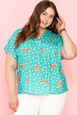 Green Cheetah Print Short Sleeve V-Neck Top