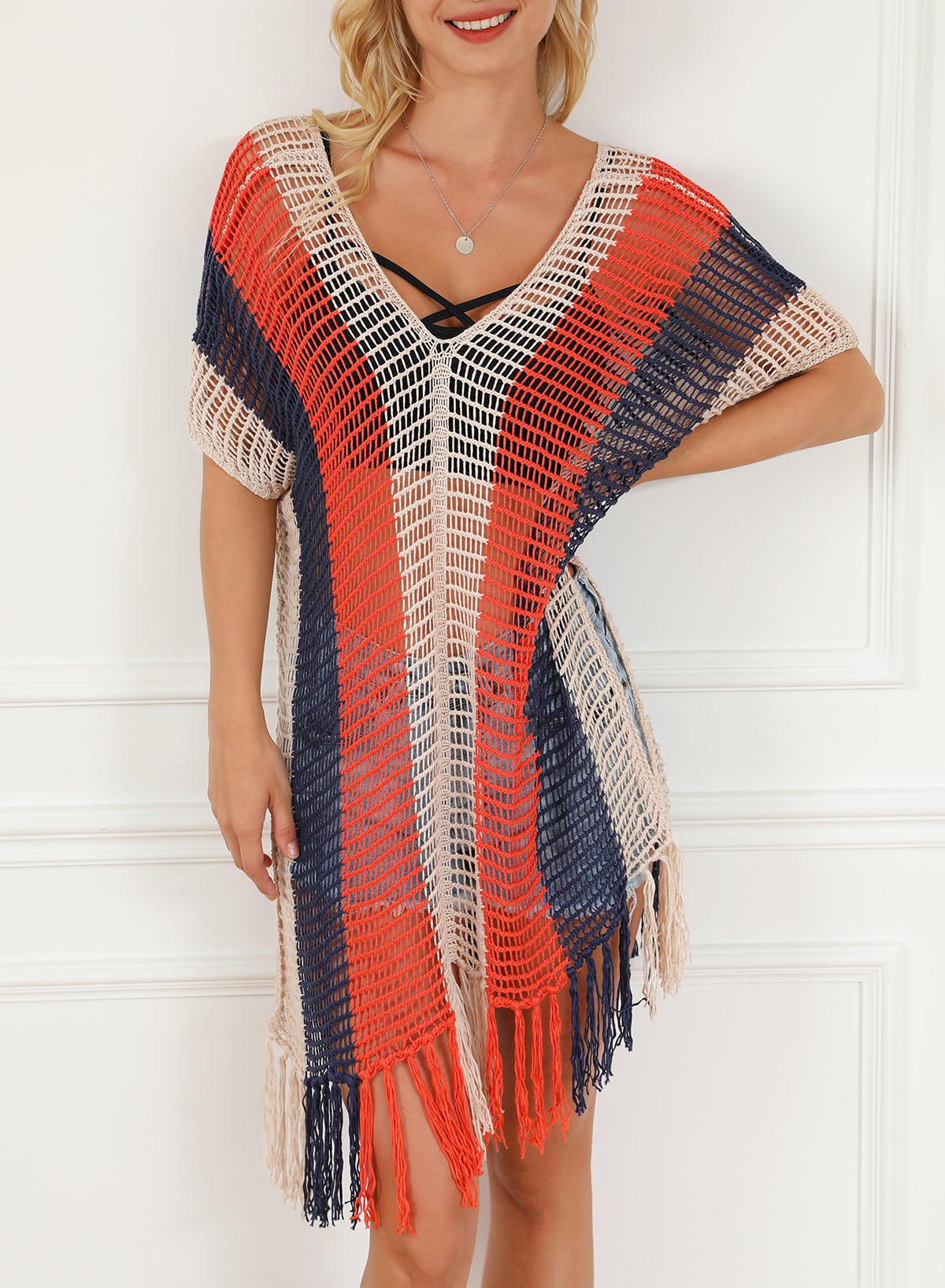 Multicolor Striped Tassel Crochet V Neck Beach Cover Up