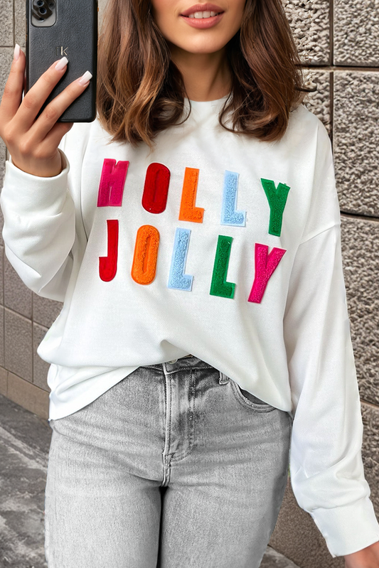 Weißer Chenille Holly Jolly Graphic Long Sleeve Top