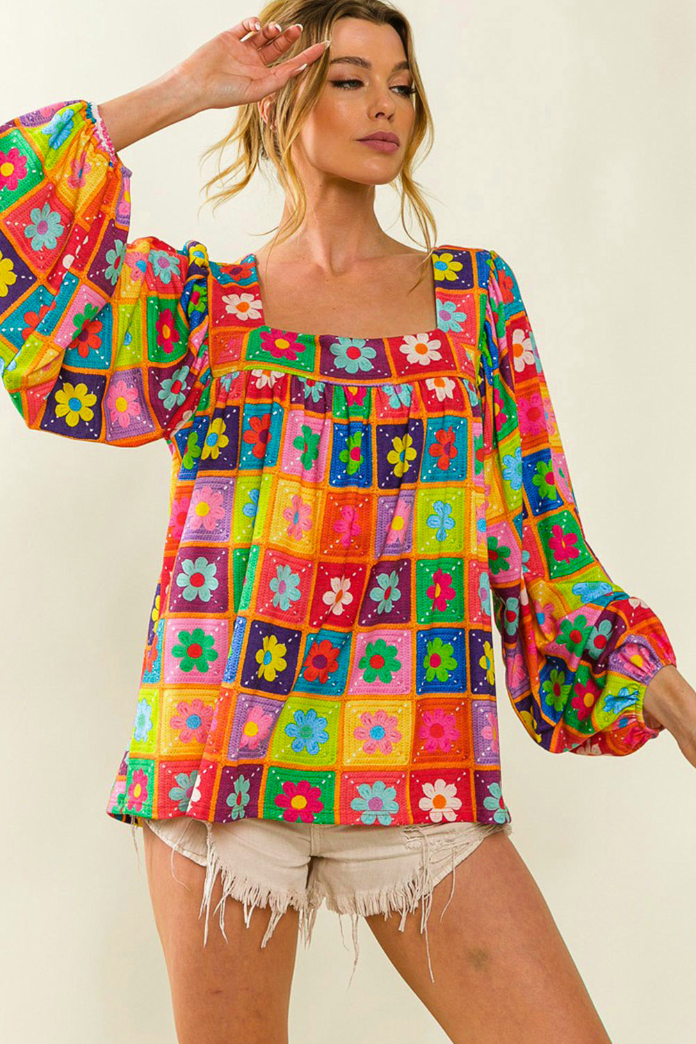 Multicolor Floral Crochet Square Neck Puff Sleeve Blouse