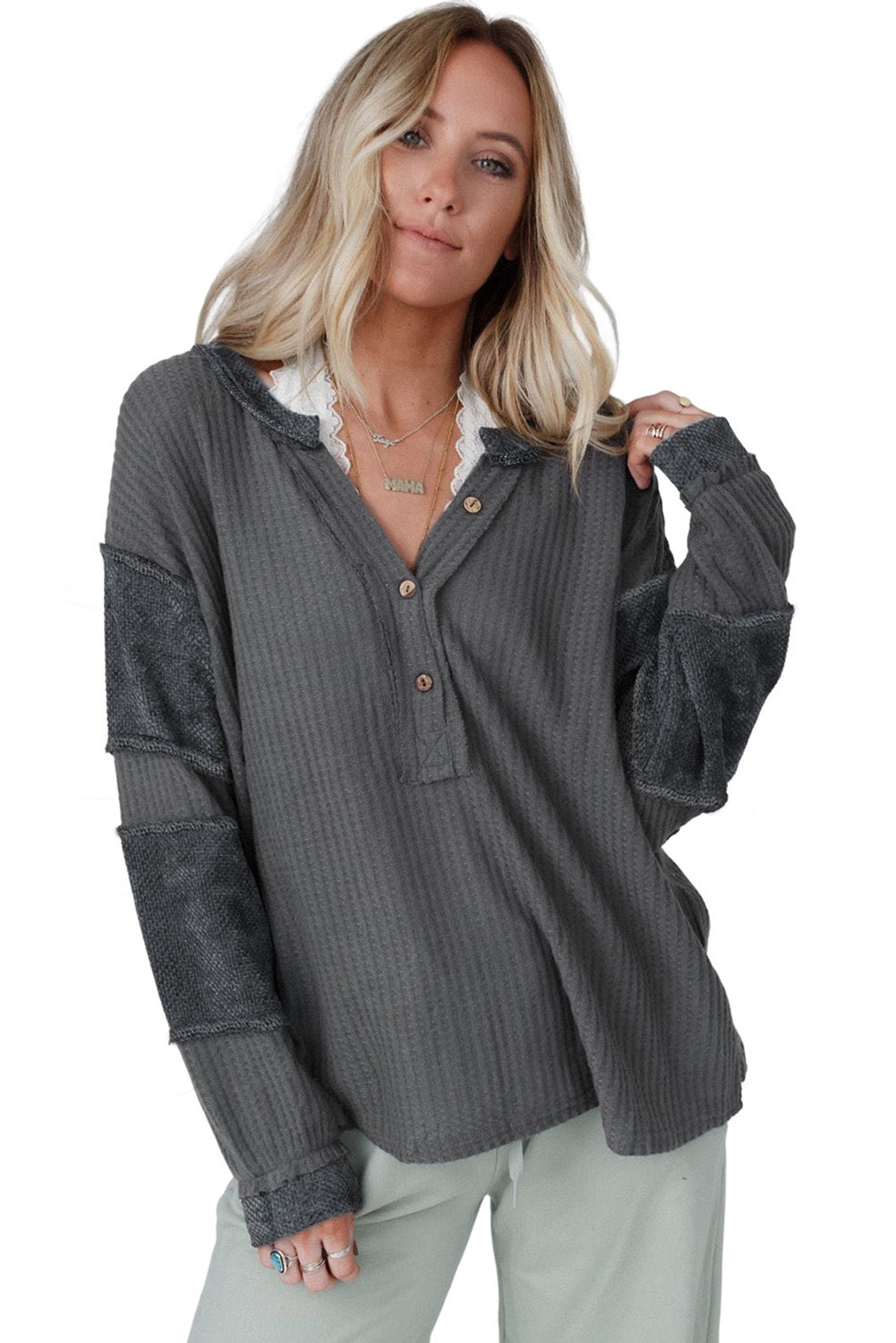 Gray Contrast Patched Exposed Seam Waffle Knit Henley Top