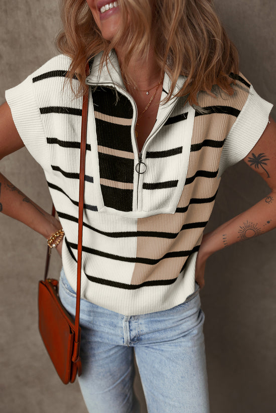 Black sweater vest with color block stripes and zipped collar