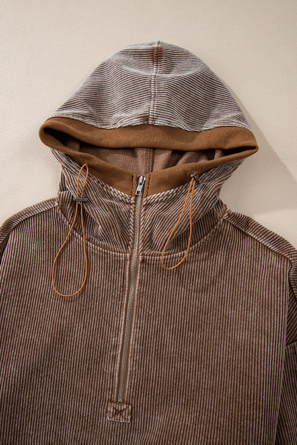 Chestnut Half Zipper Kangaroo Pocket Drawstring Corduroy Hoodie