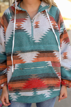 Multicolored zipped hooded sweatshirt with Aztec print and split collar