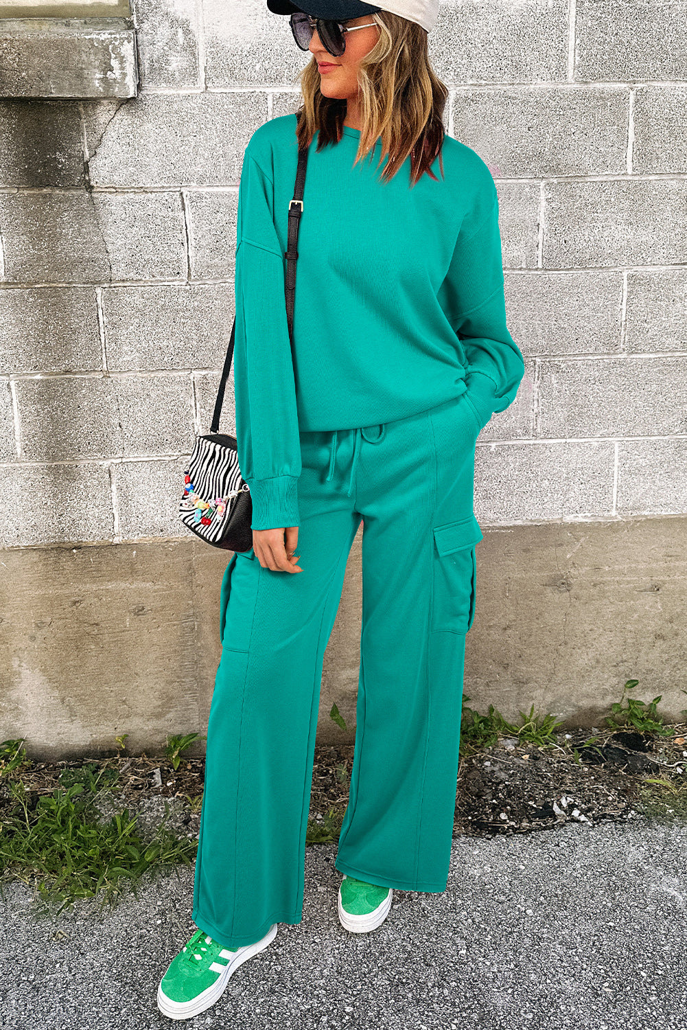 Solid Color Sweater Top and Cargo Pants Set