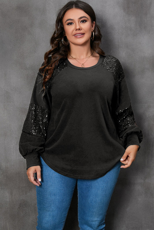 Black Plus size Patchwork Crew Neck Long Sleeve Top