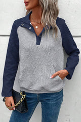 Grey textured raglan sleeve top with contrast splicing