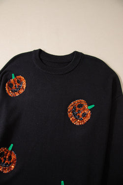 Pull Noir à Motif de Citrouille à Paillettes d'Halloween de Grande Taille