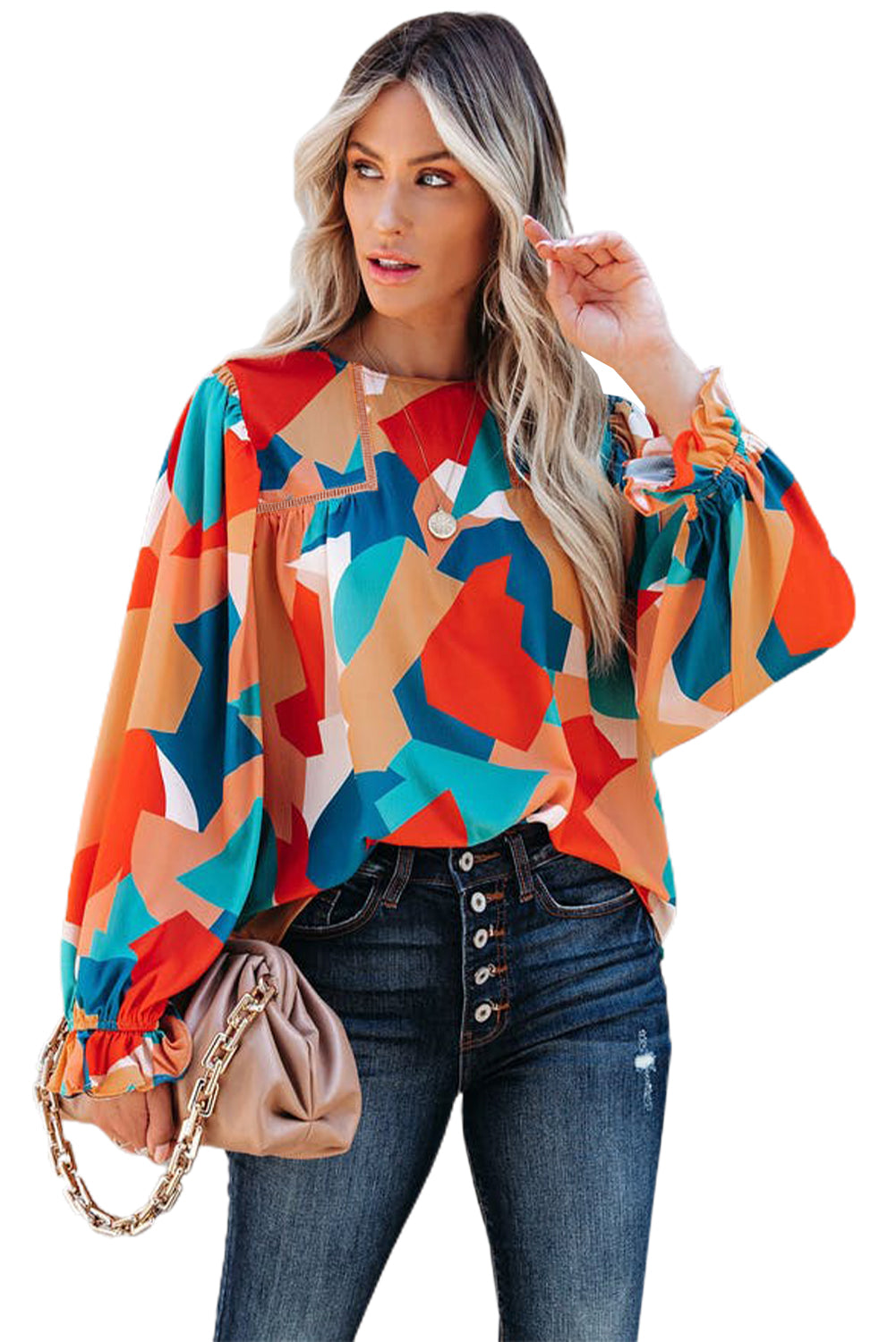 Multicolor abstrakte Muster Crewneck gekräuselte Puffhülle Bluse