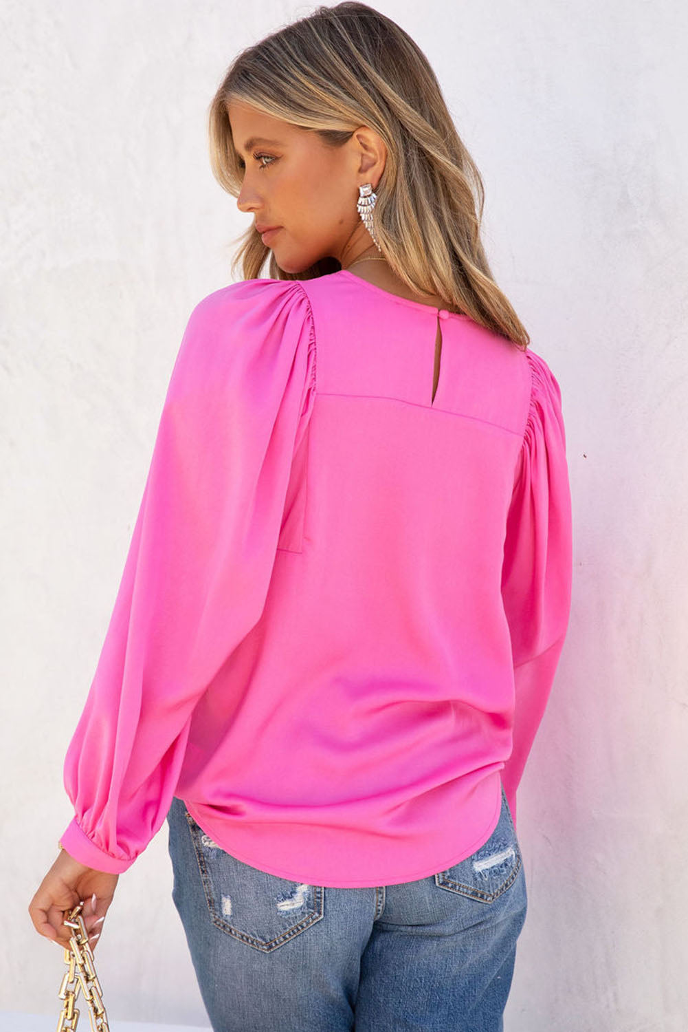 Pink Satin Puff Langarm Crewneck Bluse