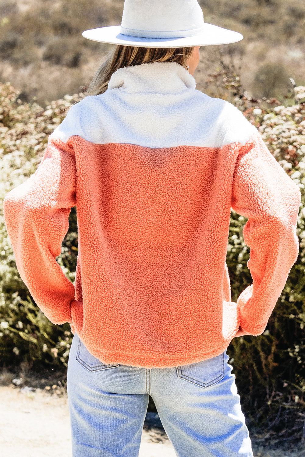 Orange Colorblock Half Zipper Stand Neck Sherpa Sweatshirt