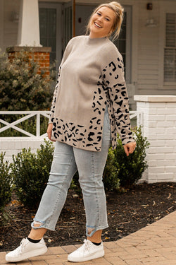 Plus Size Khaki Leopard Patchwork Stand Collar Sweater