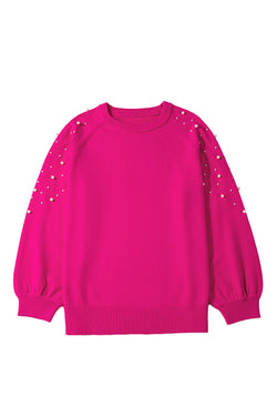 Pull grande taille à manches raglan et décor perlé rose fraise