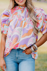 Blouse rose à imprimé abstrait et manches bouffantes avec smocks-A WOMAN WE LOVE