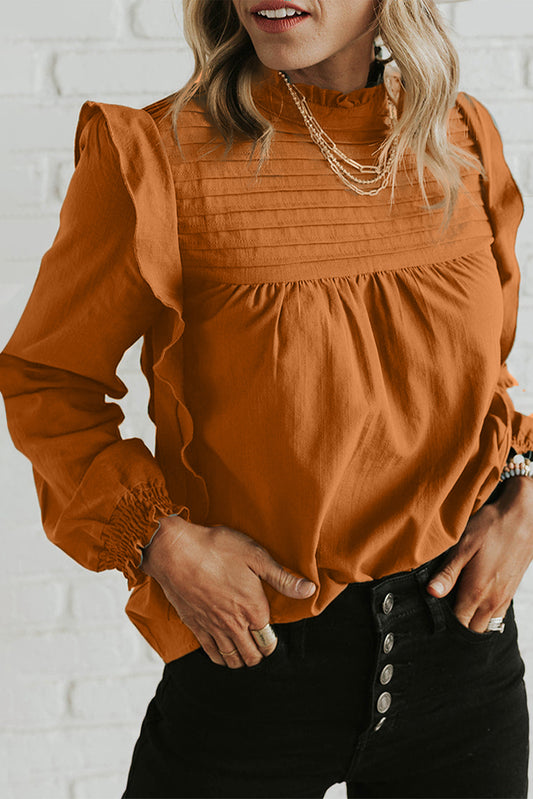 Camel Solid Color Stand Neck Ruffled Puff Sleeve Blouse