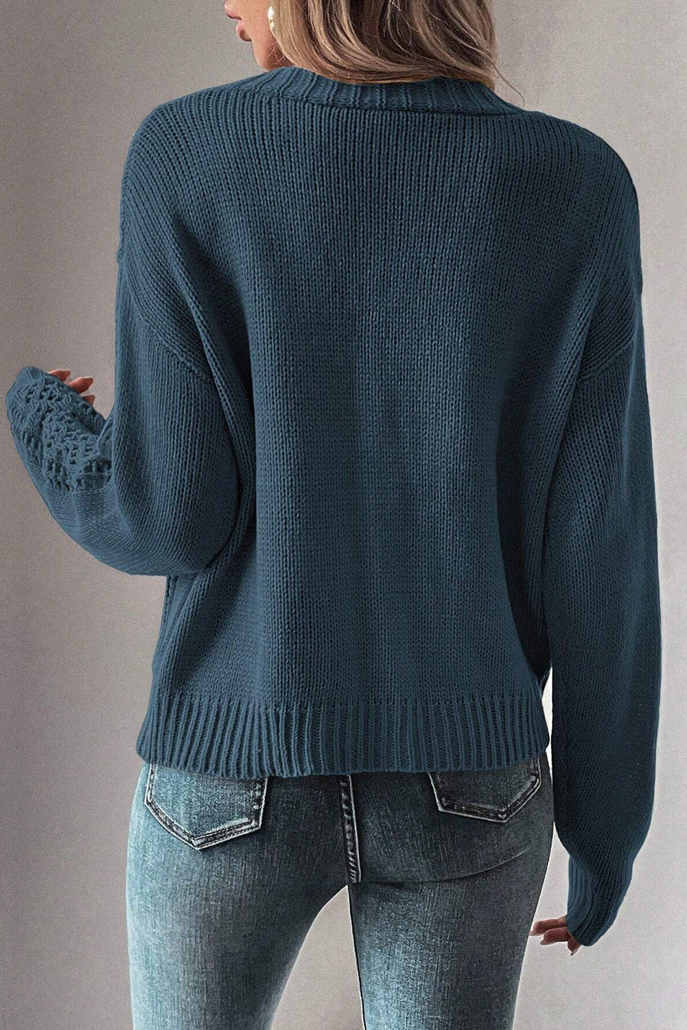 Cardigan pull à épaules tombantes en tricot ouvert bleu sarcelle véritable