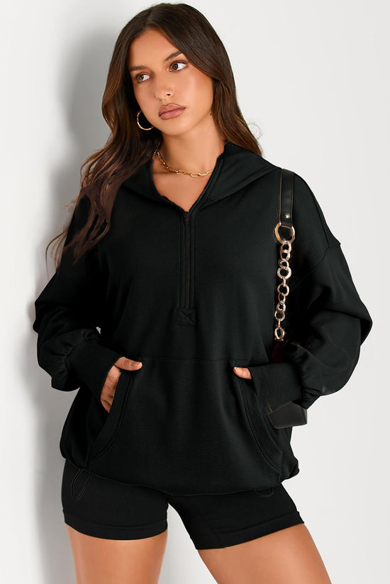 Black Solid Oversized Hoodie with Kangaroo Pocket and Half Zip