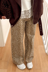 Brown Cheetah Print Pocketed Casual Shift Jeans