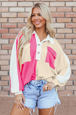 Oversized Ribbed Collar Sweatshirt in Red Pink Color Block