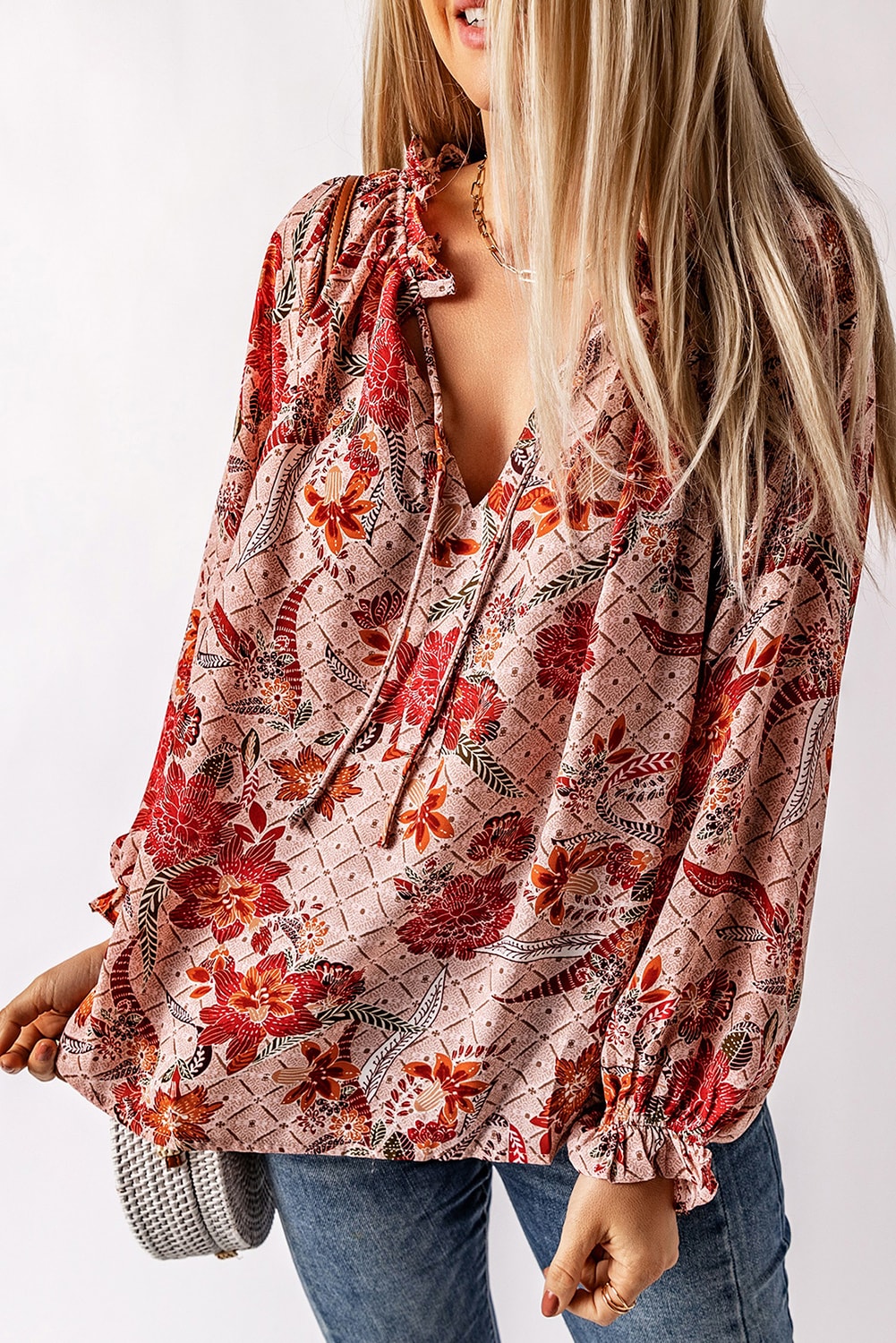 Blouse imprimée rose fendue à col en V-A WOMAN WE LOVE