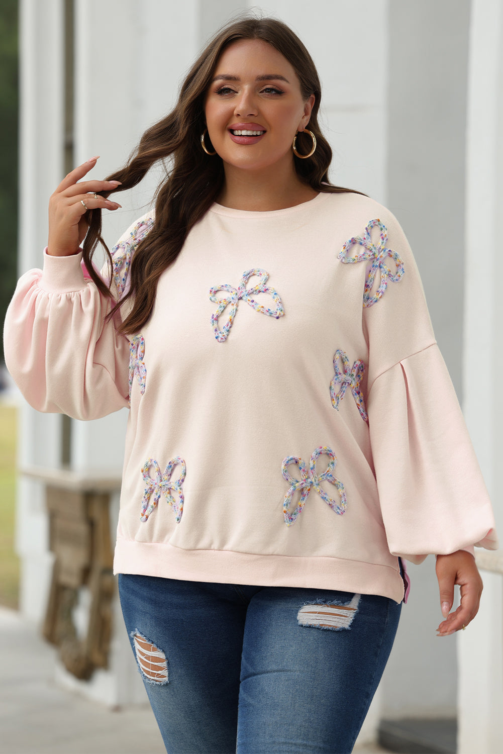 Sweat-shirt oversize à manches lanterne et nœud brodé parchemin
