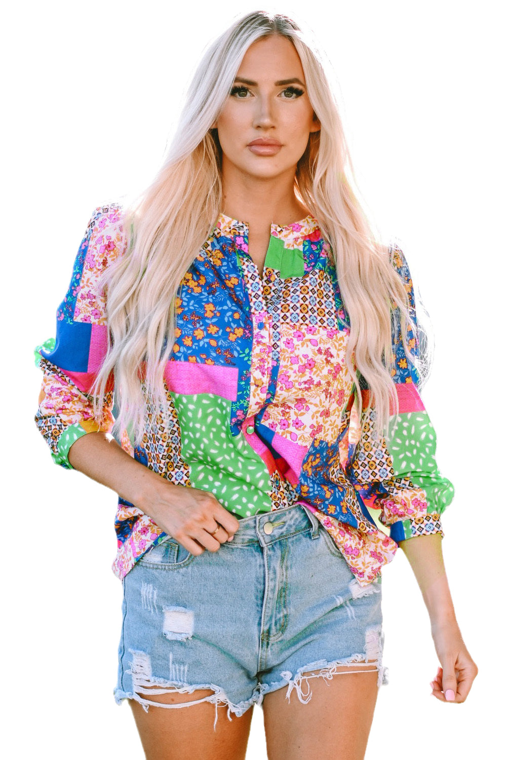 Camicia a manica a soffio abbottonate con patchwork floreale multicolore