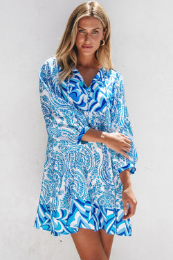 Sky Blue Bohemian Print Tie V-Neck Puff Sleeve Flared Mini Dress