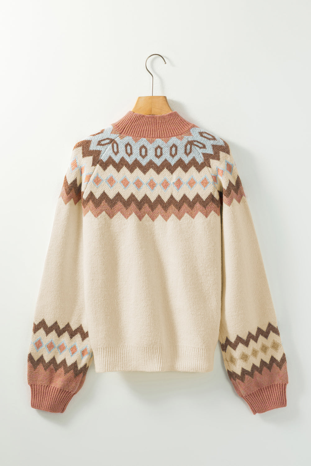 Khaki Geometrisches Muster Rippen -Trimmpullover hoher Nackenpullover