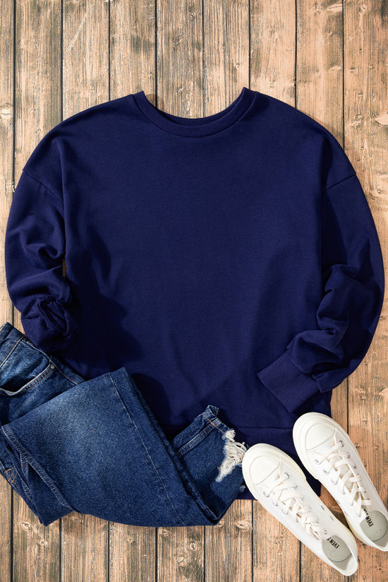 Navy Blue Solid Crew Neck Sweatshirt with High Low Hem