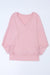 Long sleeve top and pink V -collar with ribbed texture and lace border