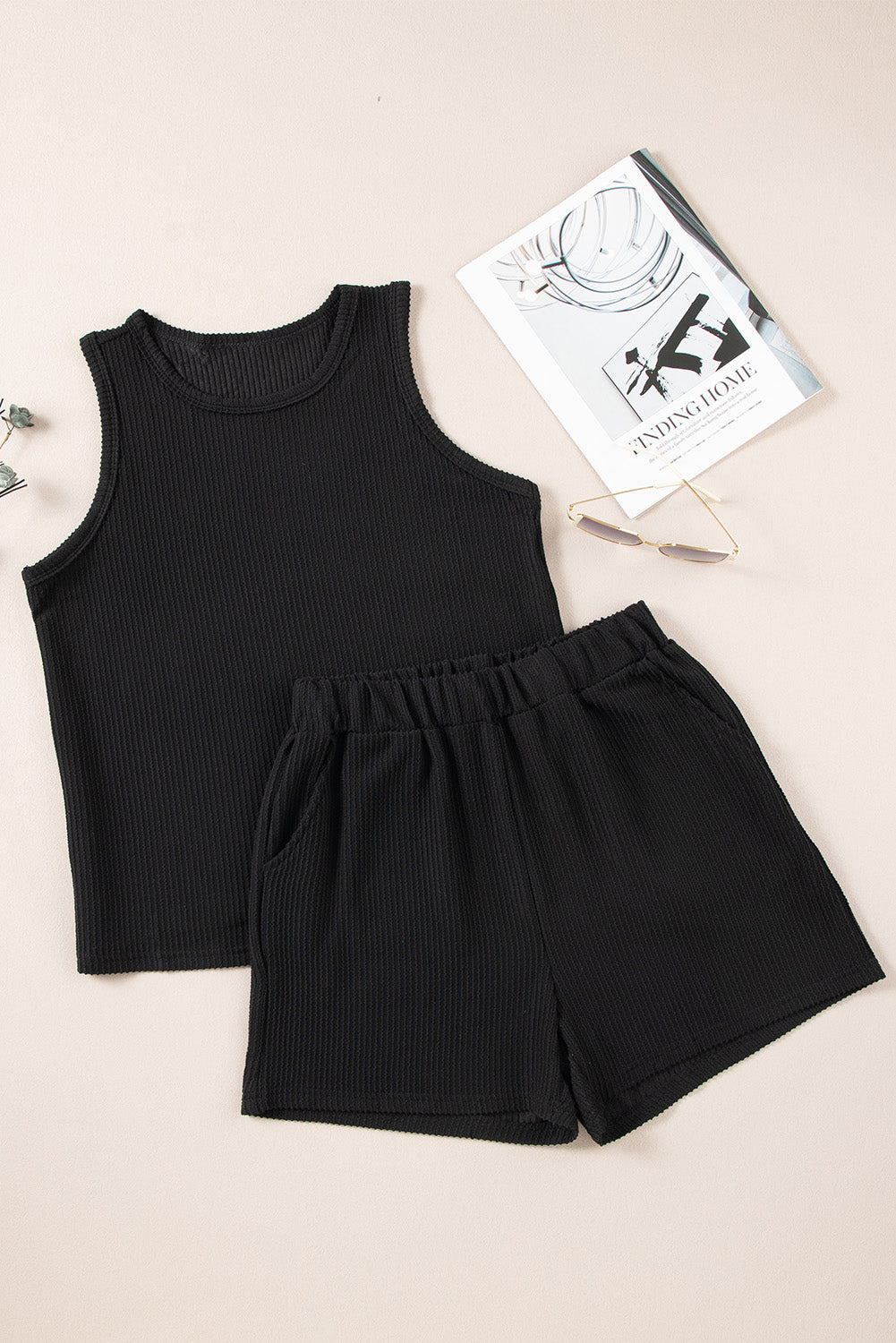 Black Corded Sleeveless Top and Pocketed Shorts Set