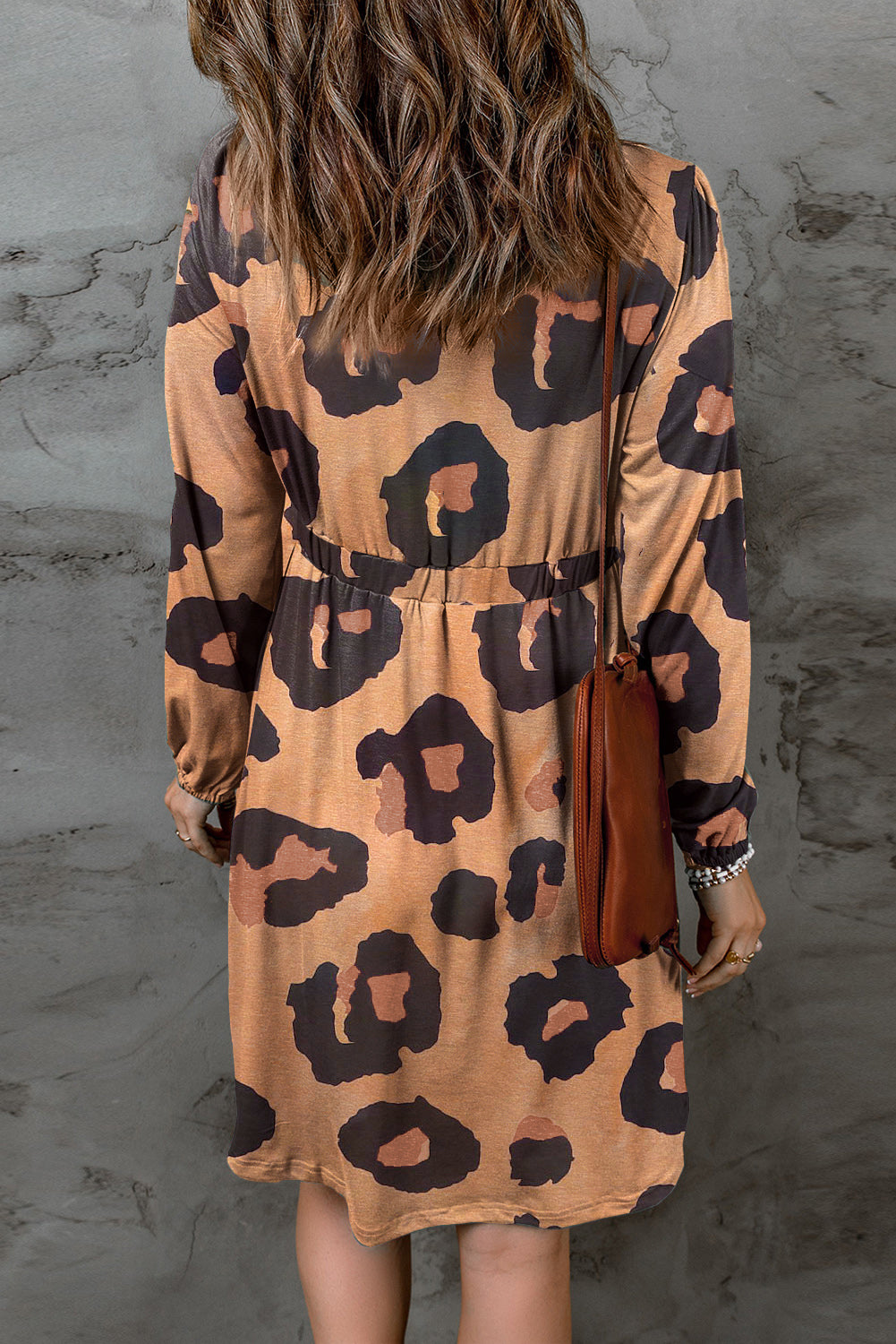 Leopard Print Button Front Puff Sleeve Loose Knit Dress