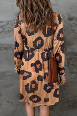 Leopard Print Button Front Puff Sleeve Loose Knit Dress