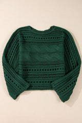 Pull court en tricot torsadé ajouré vert noirâtre