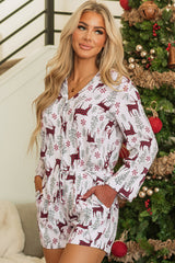 Ensemble de salon chemise et short imprimés de cerfs de Noël blancs-A WOMAN WE LOVE