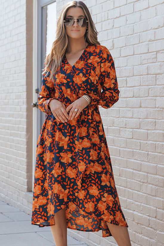 Orange floral print wrap dress with belt