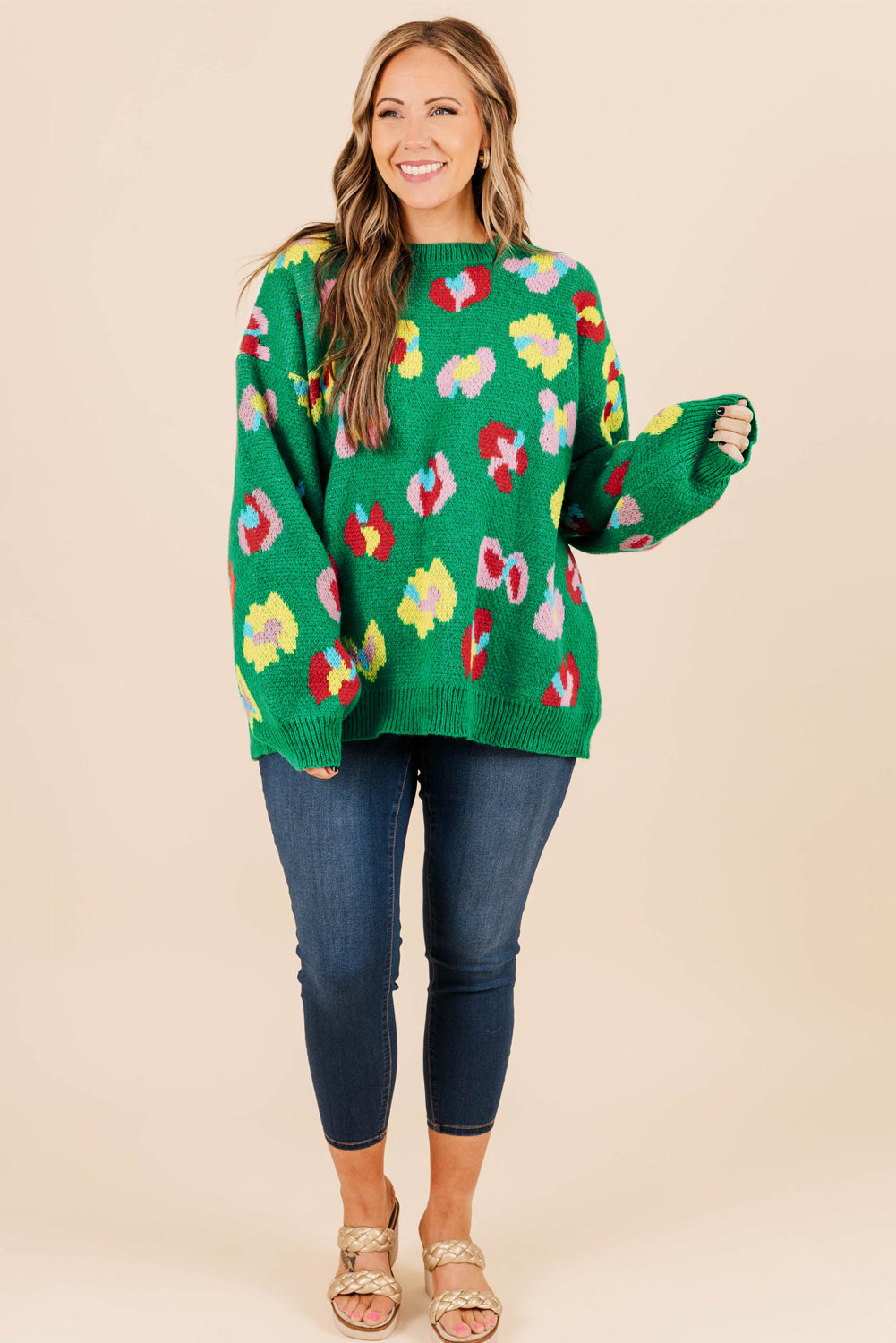 Plus Size Green Floral Knit Ribbed Drop Shoulder Sweater