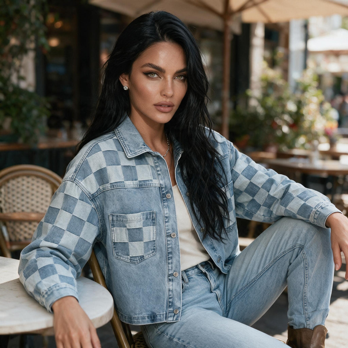 Veste en jean bleu délavé à damier et épaules tombantes