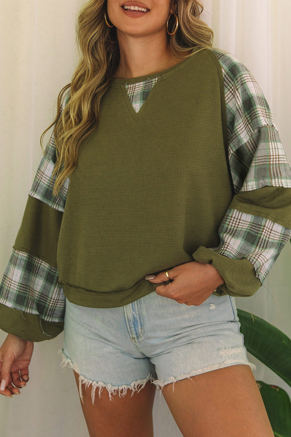 Green Plaid Waffle Knit Bubble Sleeve Top with Exposed Seams