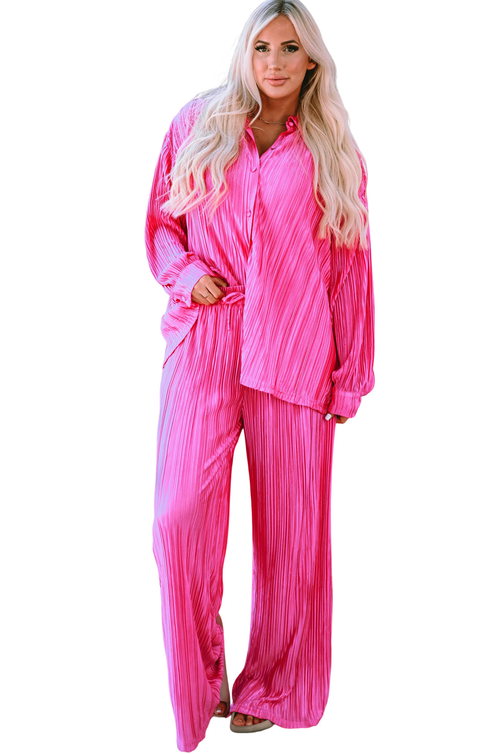 Rose Pleated Long Sleeve Shirt and Wide-Leg Pants Set