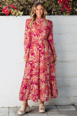 Pink Floral Print Buttoned Smocked High Waist Maxi Dress