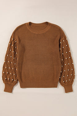 Chestnut sweater with round neck and pearl-embellished dropped shoulders