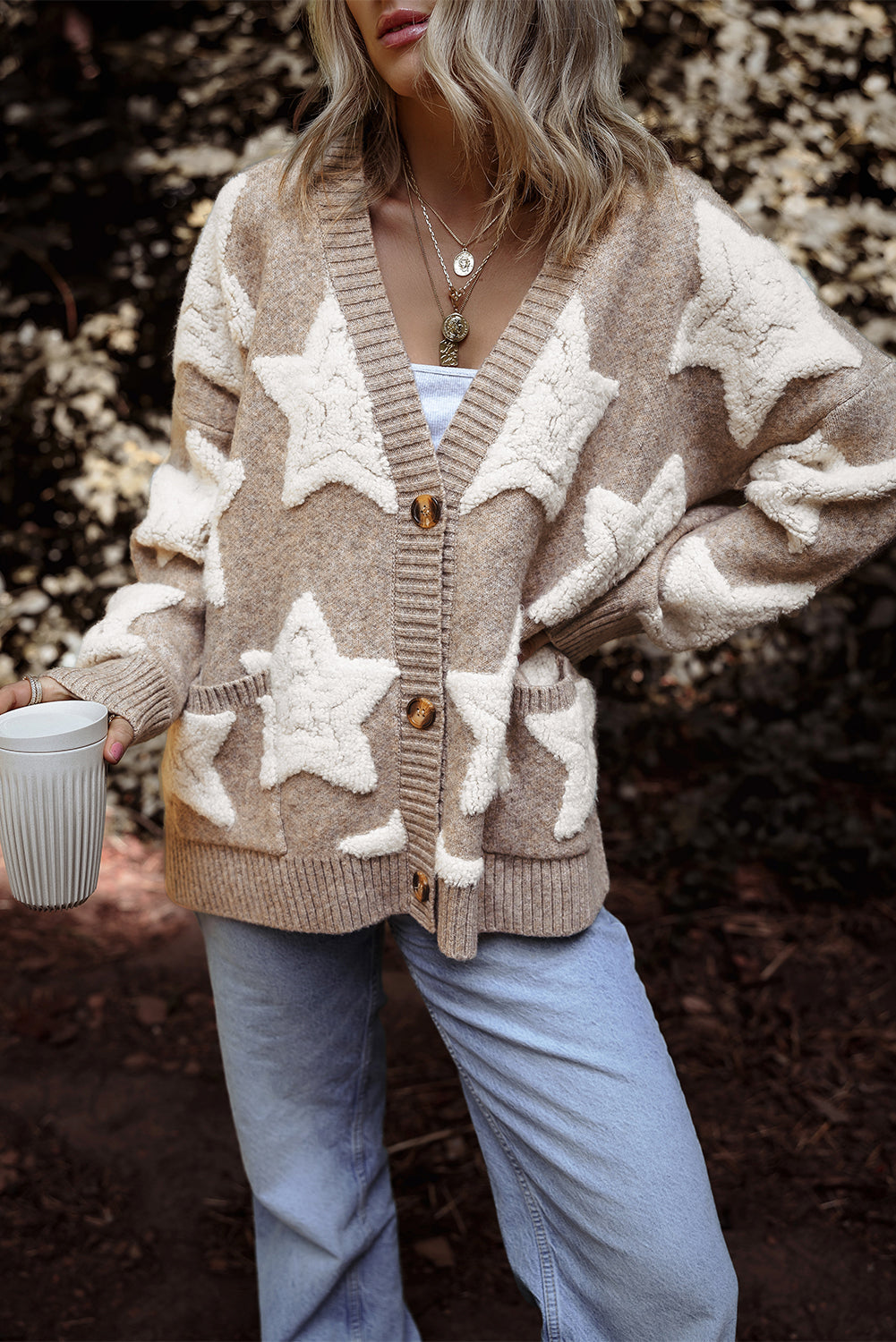 Khaki Star Pattern Sherpa Textured Sweater Cardigan with Pockets