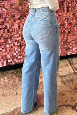 Jeans de pierna ligera de alta luz azul claro con decoración floral diamantes de imitación