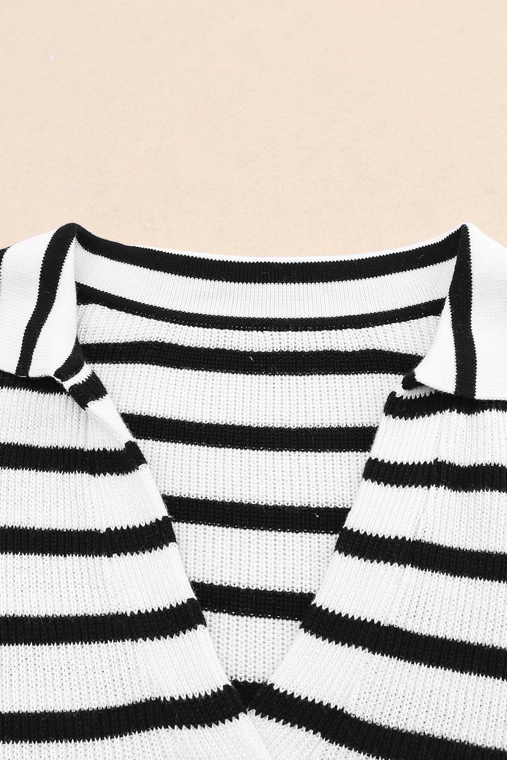 Stripe Colled V Neck Lightweight Knit Casual Sweater