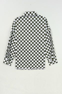 Ample -printed lady -like shirt with green shoulder checkered