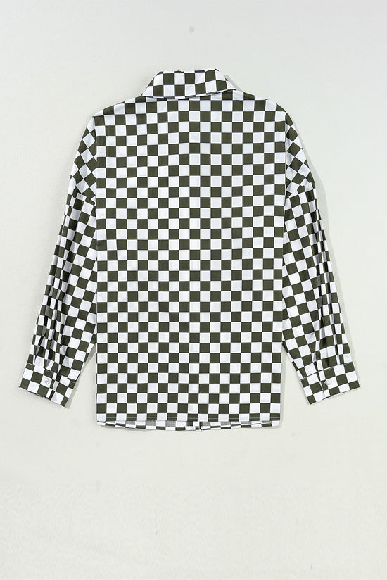 Ample -printed lady -like shirt with green shoulder checkered